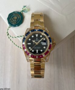 SUPER CLONE MÁQUINA ETA ROLEX GMT MASTER II DOURADO DIAMOND 40MM