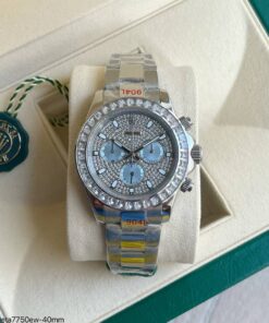 SUPER CLONE MÁQUINA ETA ROLEX DAYTONA PRATA COM BRILHANTES 40MM
