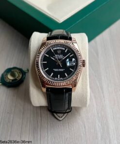 SUPER CLONE MAQUINA ETA ROLEX DAY-DATE II ROSE PRETO 36MM