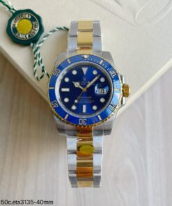 SUPER CLONE MÁQUINA ETA ROLEX SUBMARINER AZUL PRATA DOURADO 40MM