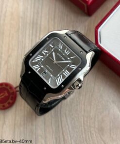 CARTIER SANTOS PRATA PRETO COURO 40MM