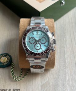SUPER CLONE MÁQUINA ETA ROLEX DAYTONA PRATA AZUL PLATINUM BAGUETE DIAMOND 40MM