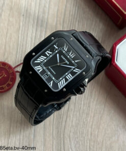 SUPER CLONE MÁQUINA ETA – CARTIER SANTOS PRATA PRETO COURO 40MM